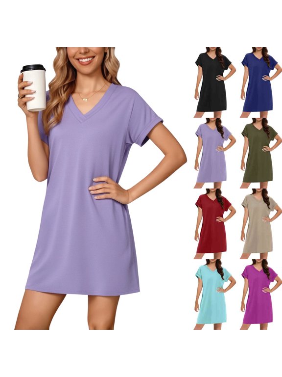 Sevevn Women’s Summer Casual V Neck Short Sleeve T Shirt Dress Loose Fit Knee Length Solid Color Shift Dress for Daily Wear Work Vacation Red XL