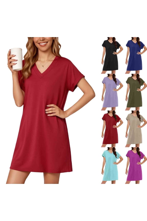 Women’s Summer Casual V Neck Short Sleeve T Shirt Dress Loose Fit Knee Length Solid Color Shift Dress for Daily Wear Work Vacation Red XL