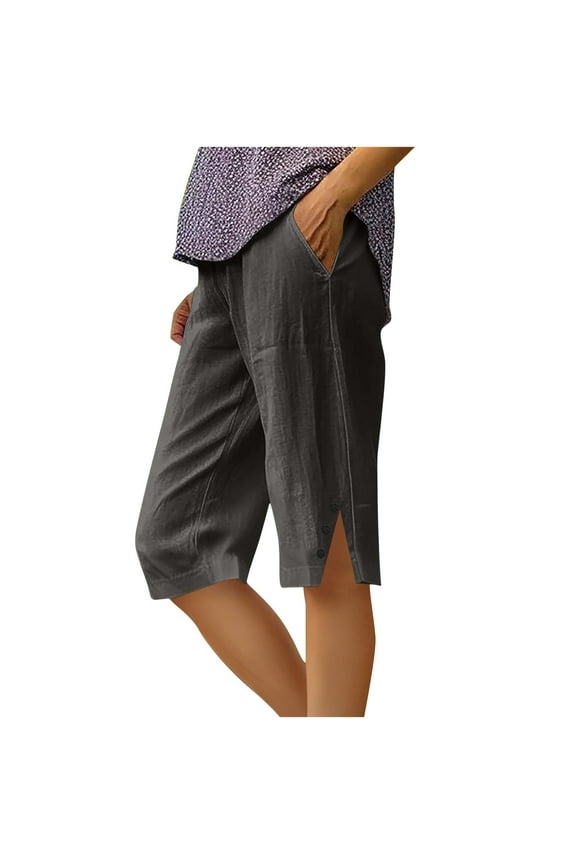 Women's Summer Cotton And Linen Solid Color Loose Straight Leg Pants With Pockets Side Slit Buttons Five Quarter Pants