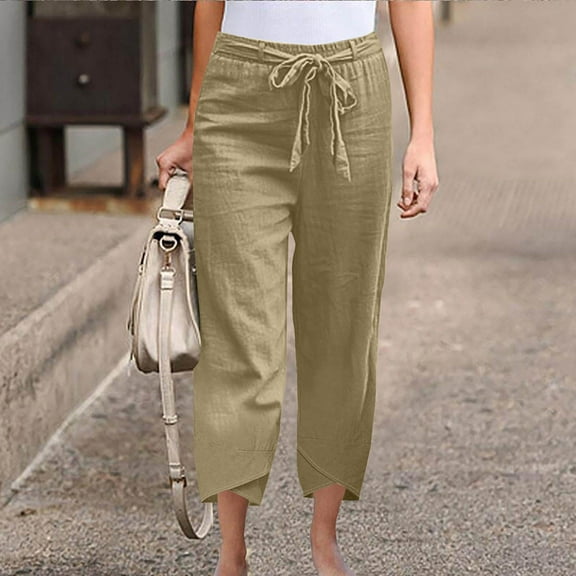 Sevevn Women's Summer Cotton And Linen Solid Color Loose Straight Leg Pants With Pockets Side Slit Buttons Pants Khaki L Holiday Gift Finder