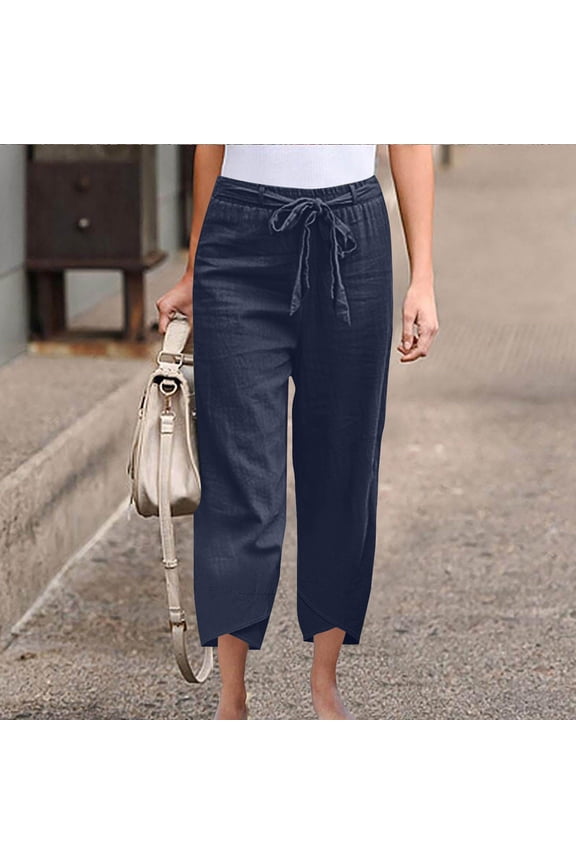 Women's Summer Cotton And Linen Solid Color Loose Straight Leg Pants With Pockets Side Slit Buttons Pants Navy M Women Beach Fashion