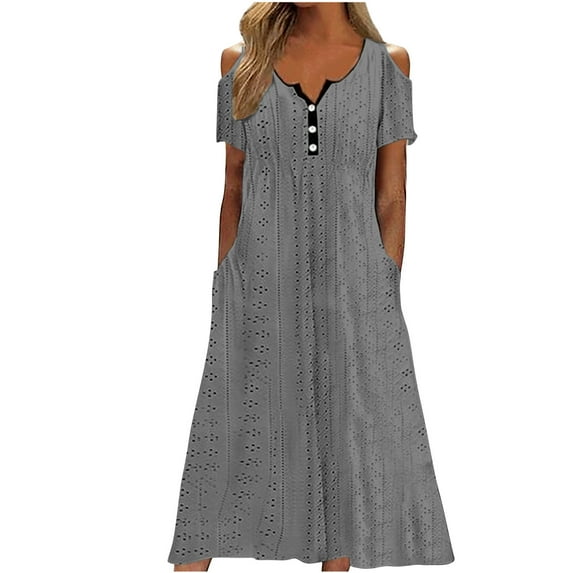 Sevevn Women's Summer Fashion Solid Color ButtonHollowing Out Pocket Short Sleeve Round-Neck Dress