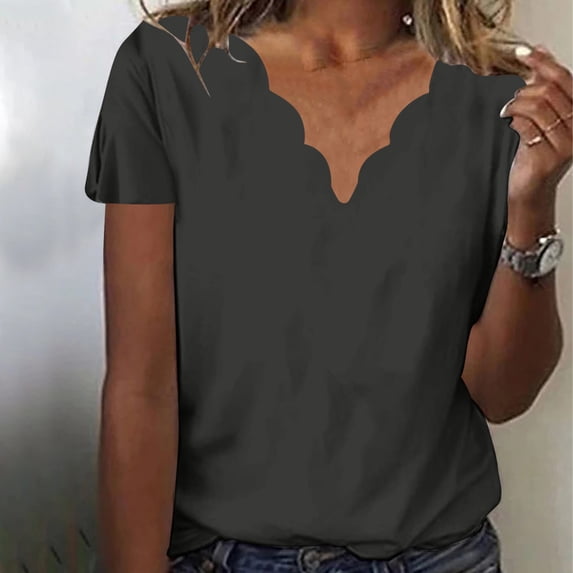 Sevevn Women's Summer Fashion Solid Color Neck Casual Short Sleeved Top Womens T-shirt