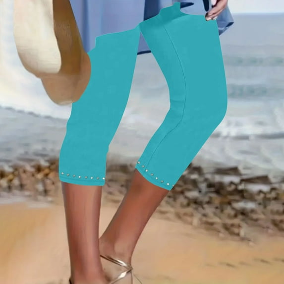 Sevevn Women's Summer High Waisted Solid Color Capris Matching Slim Fitting Yoga Gym Pants Early Access Deals Sky Blue M