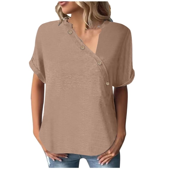 Sevevn Women's Summer Loose Casual Solid Button Short Sleeve V-Neck Top/Shirt Oversized T-Shirts For Women