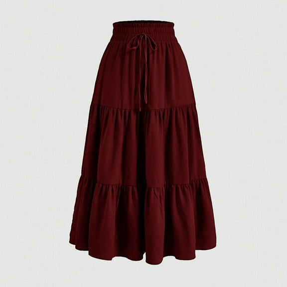 Sevevn Women's Summer Sexy Fashion Solid Color Drawstring Pocket Elastic Waist Skirt Deal of the Week Wine S