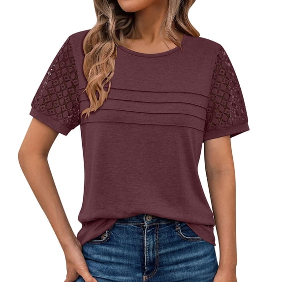 Sevevn Women's Summer Short Sleeve Lace Patchwork T Shirt Casual Round Neck Ruched Front Loose Fit Blouse Purple 2XL