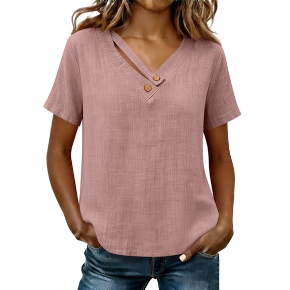 Sevevn Women's Summer Short Sleeve V Neck Blouse Casual Button Detail Loose Fit Tunic Top Pink L