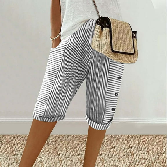 Sevevn Women's Summer Woven Striped Patchwork Button Loose Cotton Linen Casual Capris Gift for Adults Black M