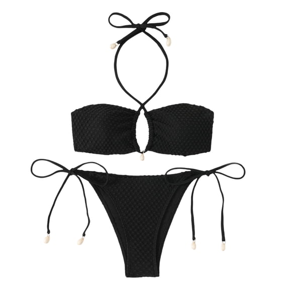 Sevevn Women's Textured Bandeau Bikini Set Halter Shell Decor Side Tie Thong Two Piece Swimsuit Black M