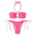 thumbnail image 1 of Sevevn Women's Textured Bandeau Bikini Set Halter Shell Decor Side Tie Thong Two Piece Swimsuit Hot Pink L, 1 of 7