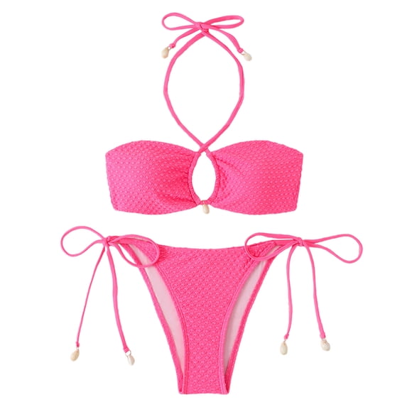 Sevevn Women's Textured Bandeau Bikini Set Halter Shell Decor Side Tie Thong Two Piece Swimsuit Hot Pink L