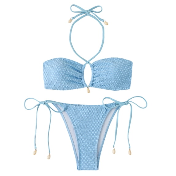 Sevevn Women's Textured Bandeau Bikini Set Halter Shell Decor Side Tie Thong Two Piece Swimsuit Light Blue L