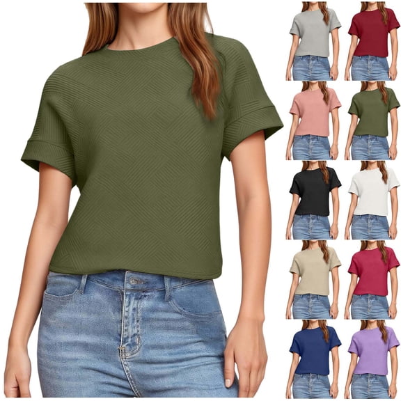 Sevevn Women's Textured Short Sleeve T-Shirt Casual Crew Neck Slim Fit Summer Top Army Green M