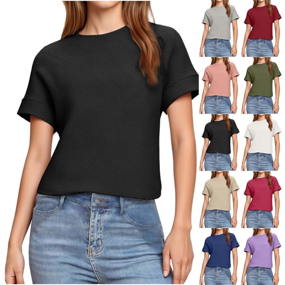 Sevevn Women's Textured Short Sleeve T-Shirt Casual Crew Neck Slim Fit Summer Top Black M