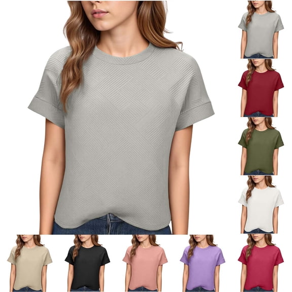 Sevevn Women's Textured Short Sleeve T-Shirt Casual Crew Neck Slim Fit Summer Top Gray S