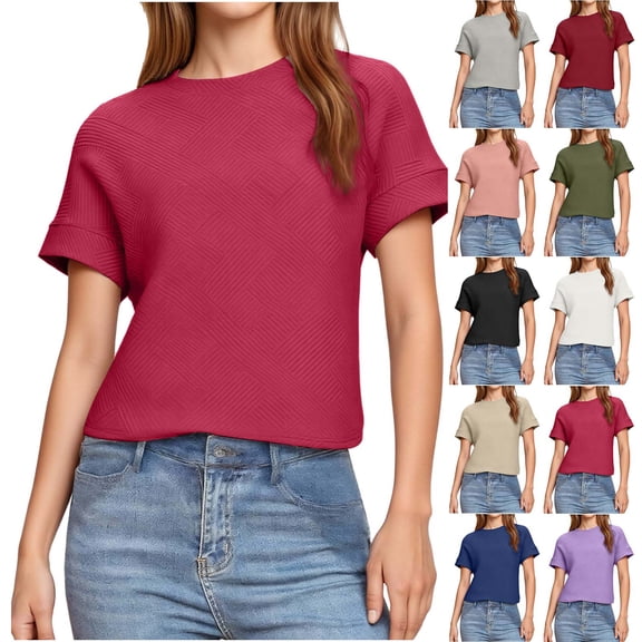 Sevevn Women's Textured Short Sleeve T-Shirt Casual Crew Neck Slim Fit Summer Top Hot Pink S