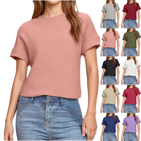 Sevevn Women's Textured Short Sleeve T-Shirt Casual Crew Neck Slim Fit Summer Top Pink S