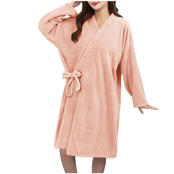 Sevevn Women's Thickened Long Sleeve Fleece Plaid Drying Absorbent Bandage Bathrobe Robes Free Size