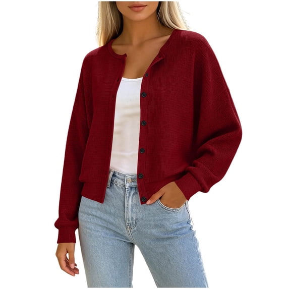 Sevevn Women's Trendy Crew Neck Waffle Knit Cropped Cardigan Button Up Long Sleeve Layering Tops Fall Winter Fashion Outfits for Shopping Going Out Daily Wear