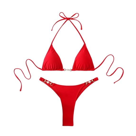Sevevn Women's Triangle Bikini Set Halter Front Clasp Thong Two Piece Swimsuit Red L