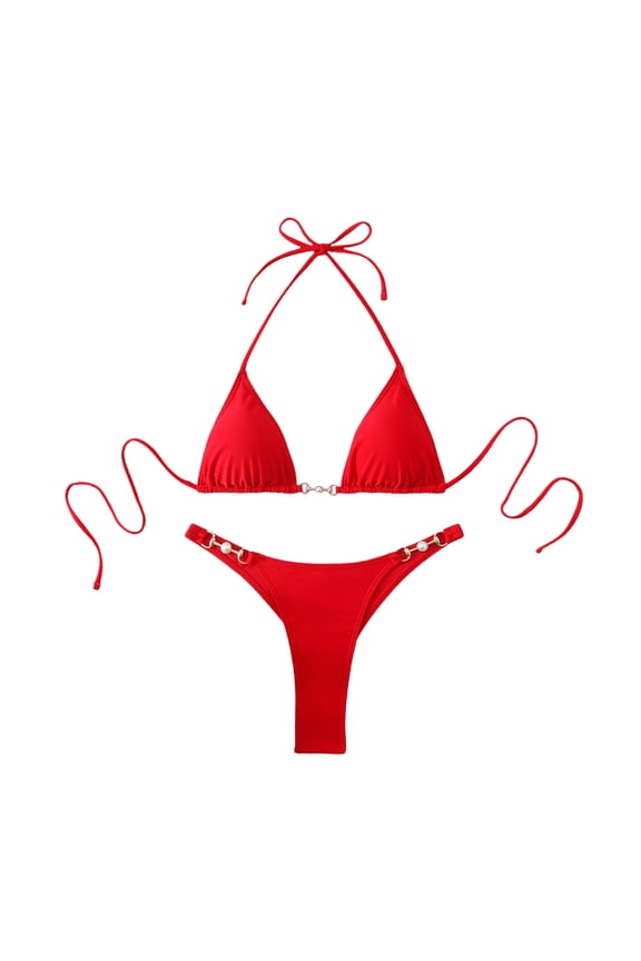 Women's Triangle Bikini Set Halter Front Clasp Thong Two Piece Swimsuit Red M