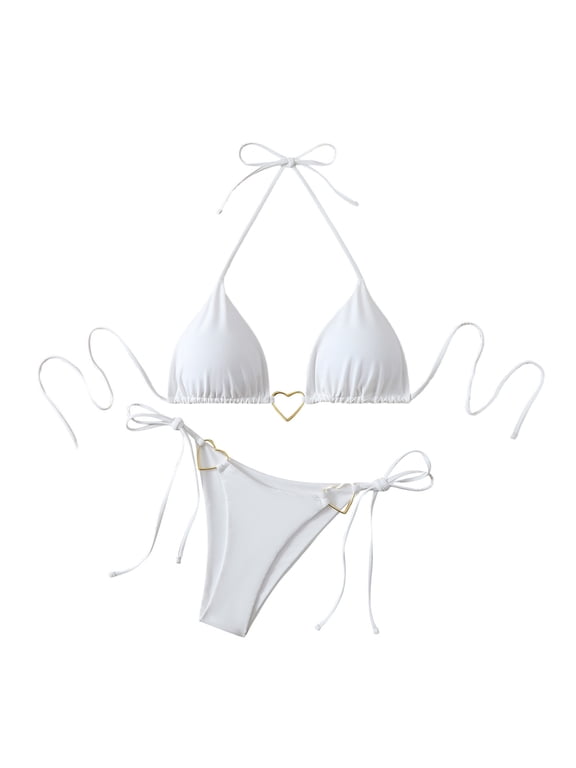 Women's Triangle Bikini Set Halter Heart Metal Decor Side Tie Two Piece Swimsuit White S