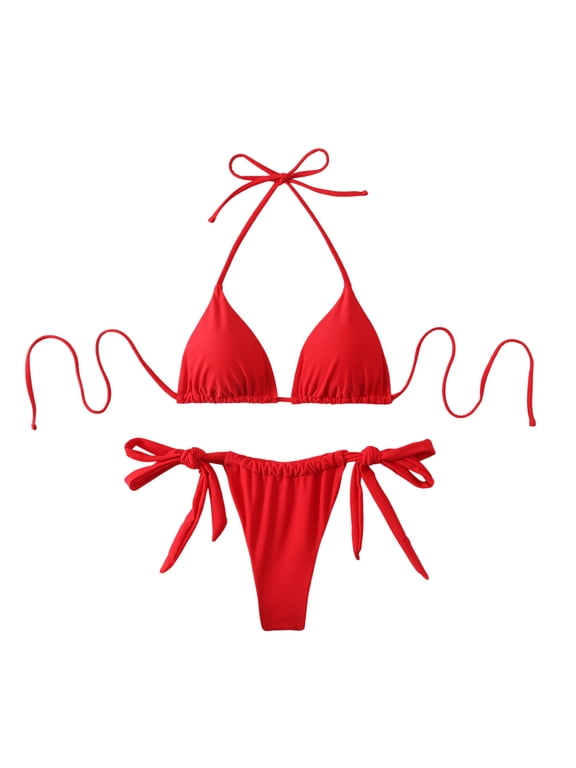 Women's Triangle Bikini Set Halter Side Tie Thong Two Piece Swimsuit Red S