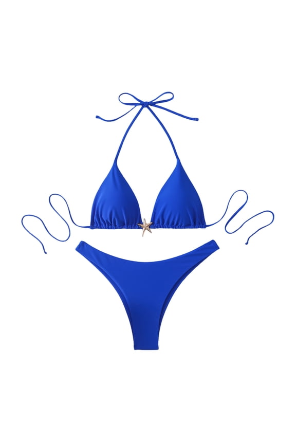 Women's Triangle Bikini Set Halter Starfish Decor Two Piece Swimsuit Blue S