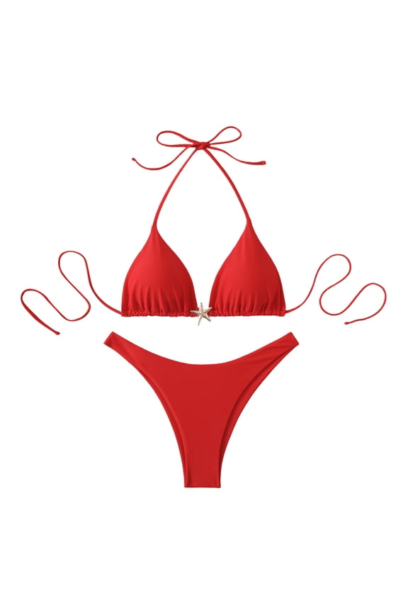 Women's Triangle Bikini Set Halter Starfish Decor Two Piece Swimsuit Red M