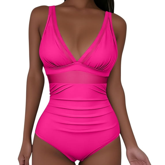 Sevevn Women's Tummy Control Swimsuits Mesh Sexy One Piece Bathing Suits Slimming V Neck Swimwear