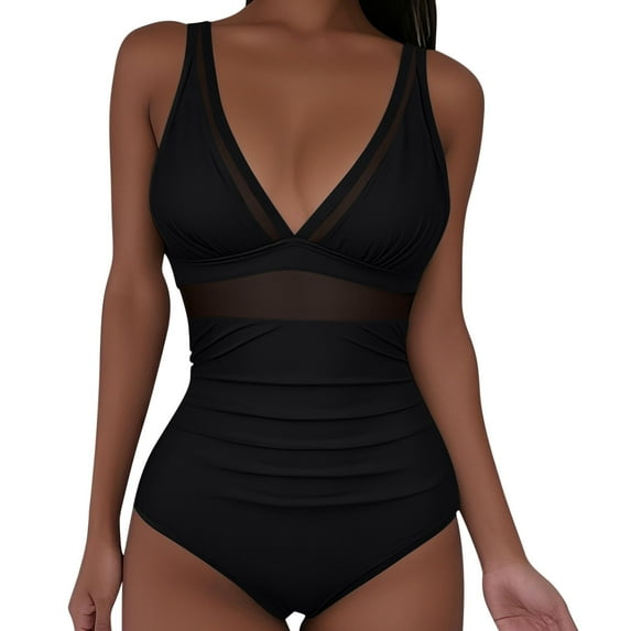 Sevevn Women's Tummy Control Swimsuits Mesh Sexy One Piece Bathing Suits Slimming V Neck Swimwear