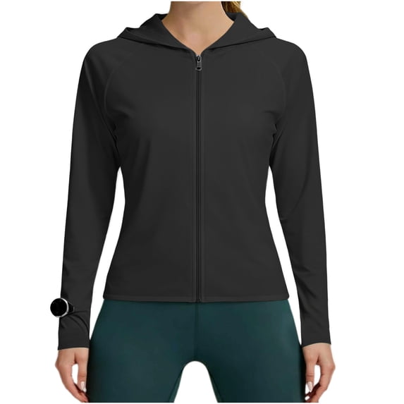 Sevevn Women's UPF 50+ Sun Protection Full Zip Hoodie Jacket Long Sleeve Lightweight Workout Tops Breathable UV Rash Guard Black M