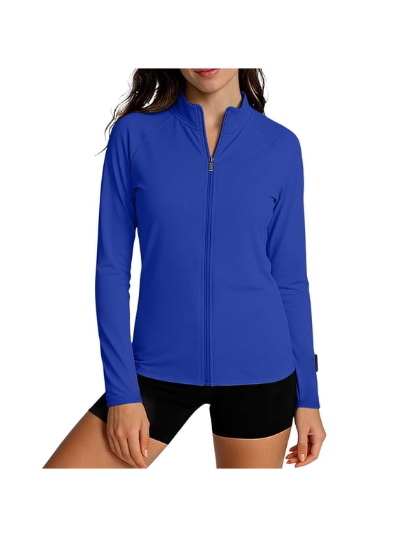 Women's UPF 50+ Sun Protection Full Zip Jackets Long Sleeve Lightweight Rash Guard with Thumb Holes Breathable UV Shirts Blue S