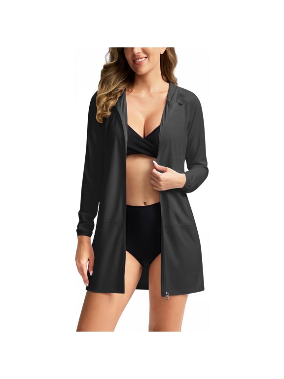 Women's Swim Cover Up Sun Protection Hoodie Long Jacket Lightweight Beach Cover Ups for Women