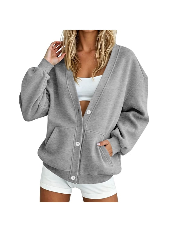 Women's V Neck Button Down Sweatshirt Cardigan Long Sleeve Loose Oversized Jacket with Pockets Gray M