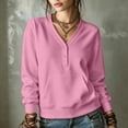 thumbnail image 1 of Sevevn Women's V Neck Half Button Sweatshirt Long Sleeve Loose Pullover Top with Front Pocket Pink M, 1 of 9