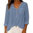 thumbnail image 1 of Sevevn Women's V Neck Long Roll Tab Sleeve Blouse Half Button Casual Linen Blend Top with Chest Pocket Light Blue M, 1 of 9