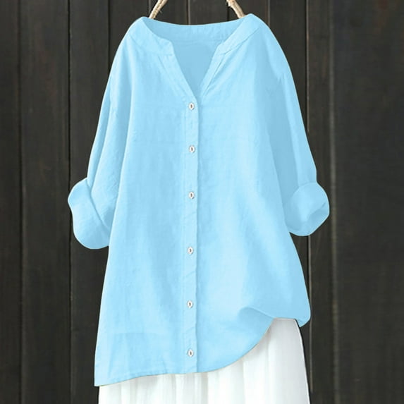 Sevevn Women's V-Neck Long Sleeve Loose Button Cotton And Linen Tunic Summer Blouse Beach Vacation Clothes for Women Blue XXXXL