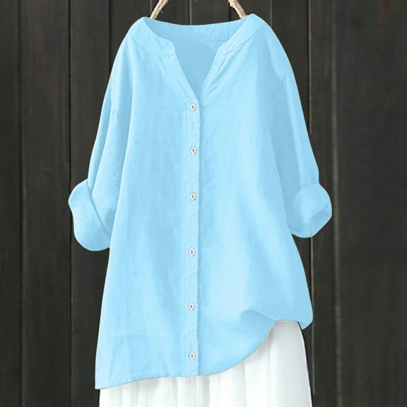 Sevevn Women's V-Neck Long Sleeve Loose Button Cotton And Linen Tunic Summer Blouse Great Gifts for Less Blue S