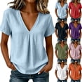thumbnail image 1 of Sevevn Women's V Neck Pleated Front Blouse Cotton Blend Short Sleeve Loose Fit Casual Tunic Top Blue XL, 1 of 10