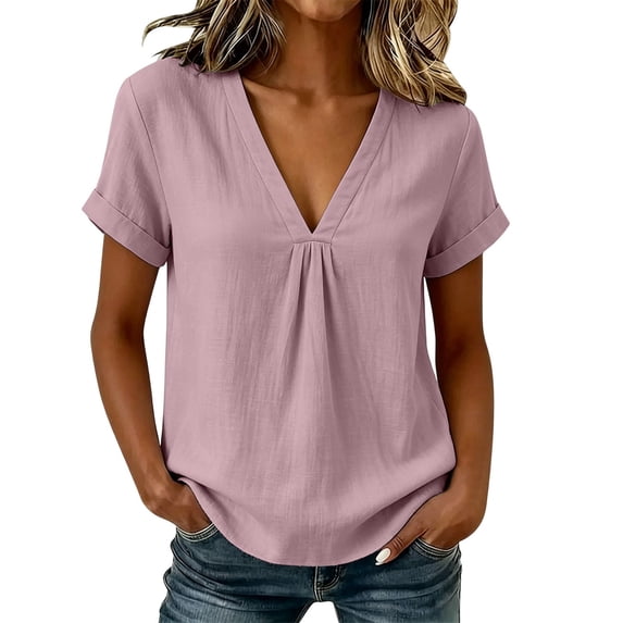 Sevevn Women's V Neck Pleated Front Blouse Cotton Blend Short Sleeve Loose Fit Casual Tunic Top Pink M
