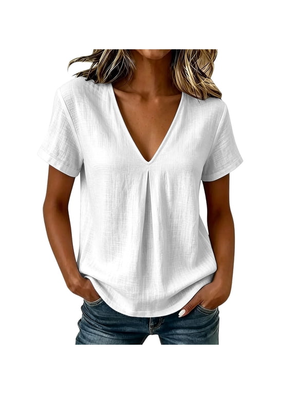 Women's V Neck Pleated Front Blouse Cotton Blend Short Sleeve Loose Fit Casual Tunic Top White 2XL