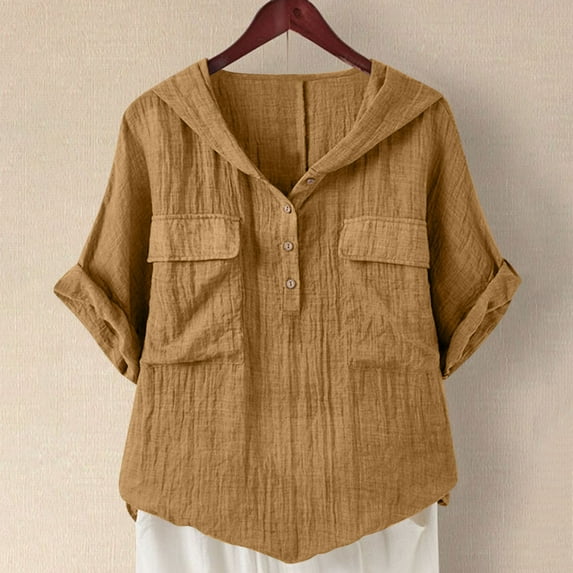 Sevevn Women's V-Neck Short Sleeve Loose Button Imitation Cotton And Linen Tunic Summer Hooded Work Clothes Shirt Blouse Gift for Girls Yellow S