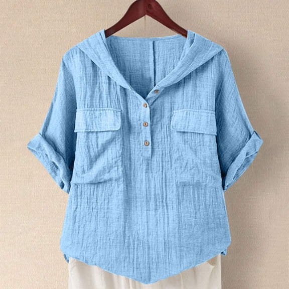 Sevevn Women's V-Neck Short Sleeve Loose Button Imitation Cotton And Linen Tunic Summer Hooded Work Clothes Shirt Blouse Rollbacks Light Blue L