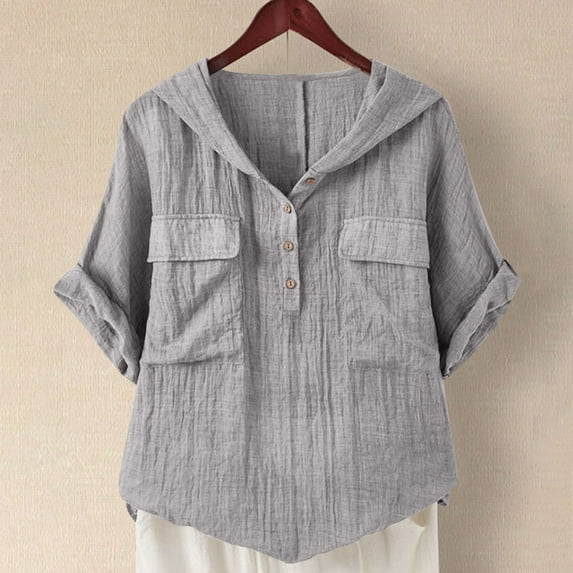 Sevevn Women's V-Neck Short Sleeve Loose Button Imitation Cotton And Linen Tunic Summer Hooded Work Clothes Shirt Blouse Beach Vacation Clothes for Women Gray XXL