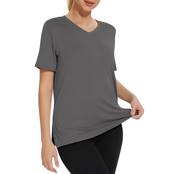 Sevevn Women's V Neck Short Sleeve Workout Tops Loose Fit Quick Dry Side Slit Athletic T-Shirts Dark Gray L