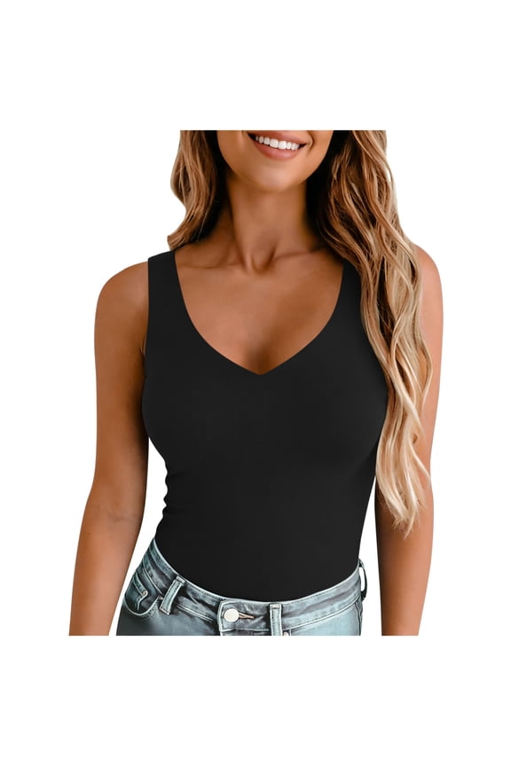 Women's V Neck Tank Tops Sleeveless Basic Cami Shirts Form Fitting Stretch Casual Tops Black S