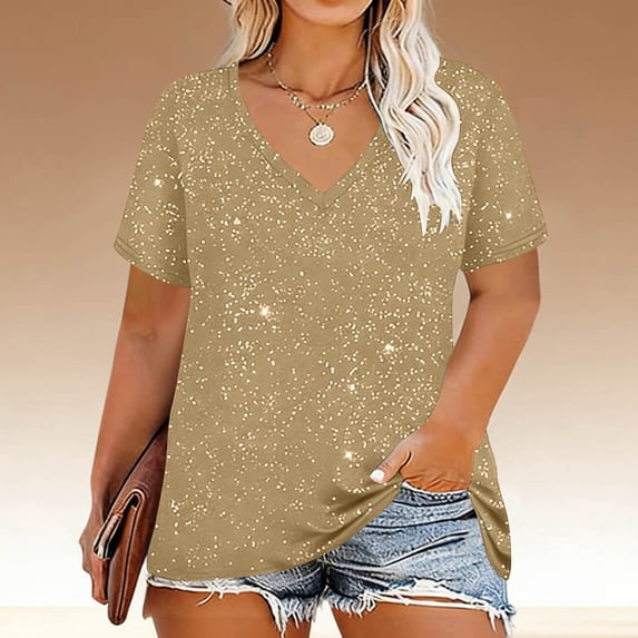 Sevevn Women's V-neck Center Hollow Fashionable Solid Color Plus Size Short Sleeved T-Shirt Khaki XXXXL