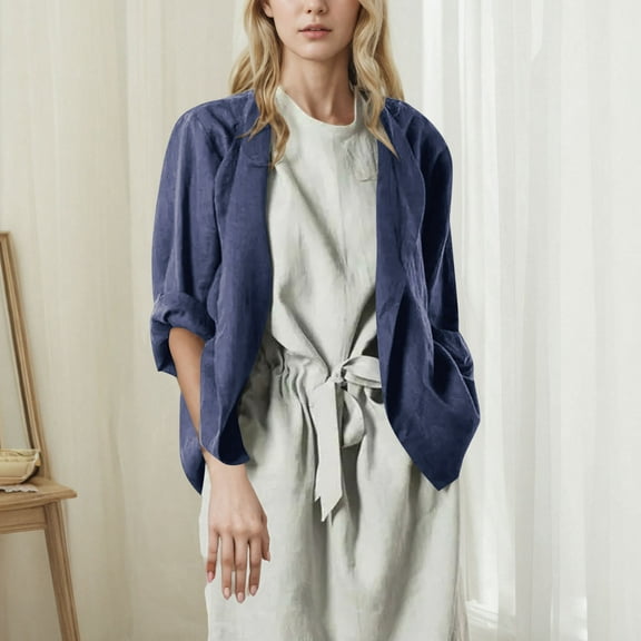 Sevevn Women's V-neck Cotton And Linen Jacket Cardigan Home Casual Long Sleeved V-neck Top/shirt Deal of the Week Navy XXL